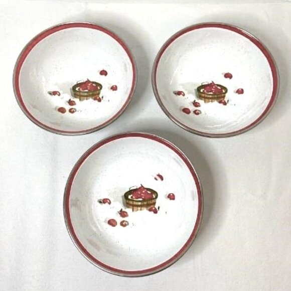 Hallmark Metal Bowls 3 Apple Picking Basket White Silver Red Jan Karon - Picture 1 of 5